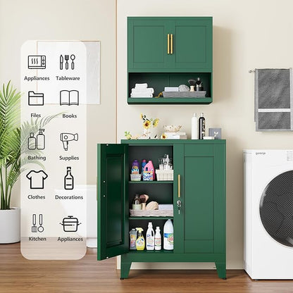 36" Tall Metal Storage Cabinet with Lock, File Cabinet with 2 Doors and 2 Adjustable Shelves, Green Bathroom Floor Storage Cabinets, Freestanding Small Locked Cabinets for Home/Office/Garage