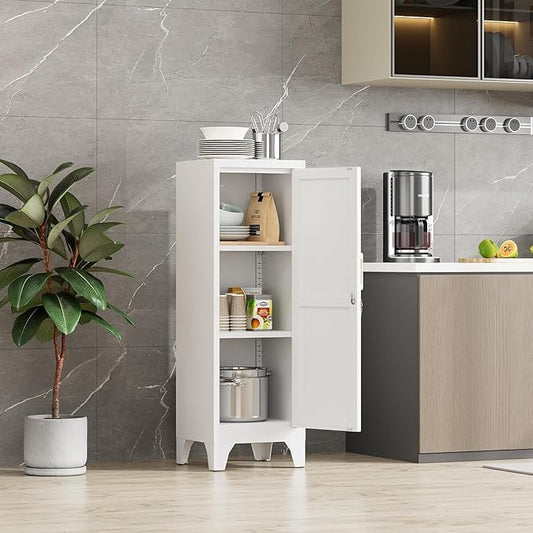 46"H White Metal Locker Set of 2,Small Locking Cabinet with 1 Door and 2 Adjustable Shelves For Employees,3 Tier Small Storage Cabinet with Detachable Legs for Kitchen, Office,School,Gym,Easy Assembly