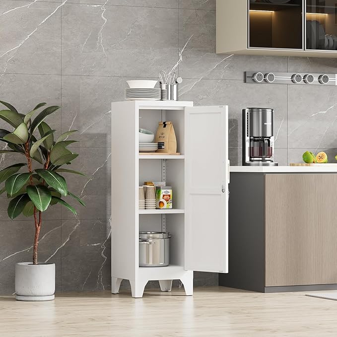 46"H White Metal Pantry Cabinet with 1 Lockable Door and 2 Adjustable Shelves, 3 Tier Small Storage Cabinet with Detachable Legs and Vintage Handle for Kitchen,Home Office,Gym,School,Easy Assembly