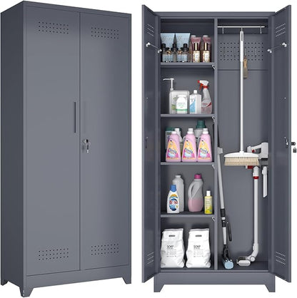 GREATMEET 72.8" H Tall Metal Garage Storage Cabinet for Cleaning Tools, Lockable Double Door Utility Organizer with Pegboard & Tool Hanging Bars, Grey
