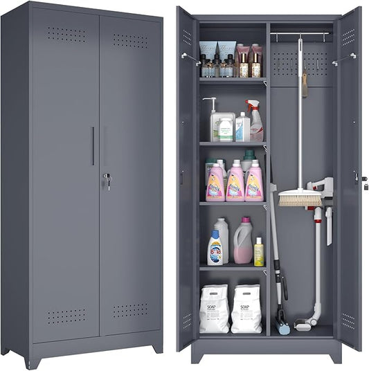 GREATMEET 72.8" H Tall Metal Garage Storage Cabinet for Cleaning Tools, Lockable Double Door Utility Organizer with Pegboard & Tool Hanging Bars, Grey