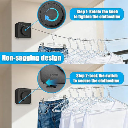 Retractable Clothesline, Non-Sagging Wall Mounted Laundry Line, Space-Saving Stainless Steel Clothes Line, Heavy Duty Drying Rack 15.6 Ft for Apartment, Dorms, RV & Travel (Black)