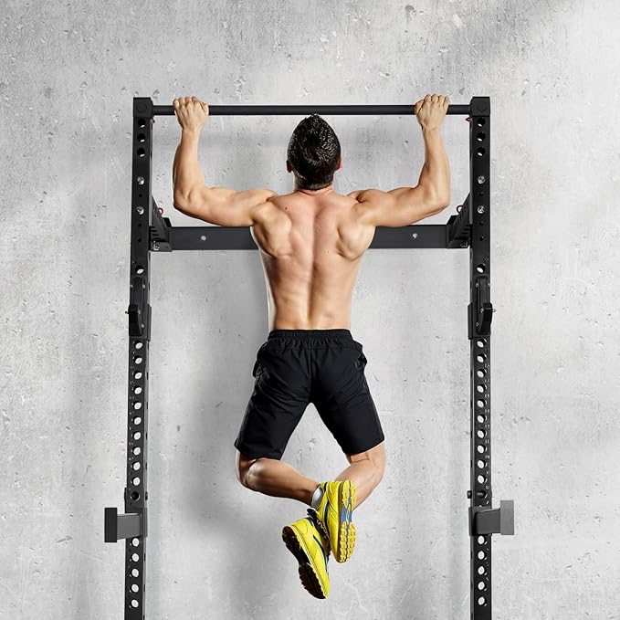 RitFit 2.36'' x 2.36'' Folding Squat Rack for Home Gym, Wall Mounted Squat Rack with Attachments - Space Saving Squat Power Rack