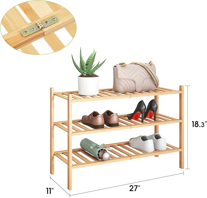 BMOSU 3-Tier Bamboo Shoe Rack Premium Stackable Shoe Shelf Storage Organizer for Hallway Closet Living Room Entryway Organizer (Natural Bamboo)
