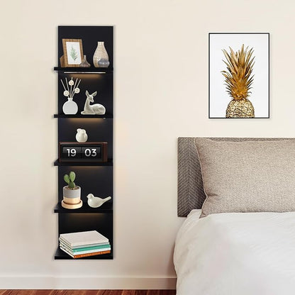 5 Tier Wall Shelf Unit, Black Shelves,Lack Shelf, Wall Shelves for Bedroom，Office,Bathroom, Vanity Shelves with LED Remote Control Light