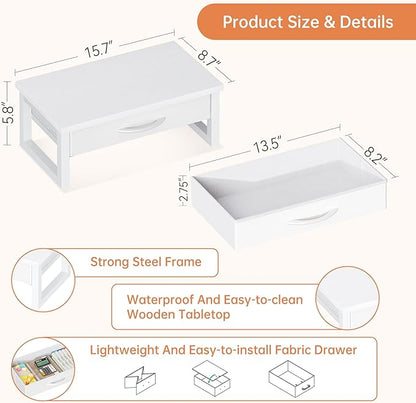 Desk Organizers and Accessories, Computer Monitor Stand Riser with Drawer, White Laptop Stand for Desk with Storage, Office Organization, Wood