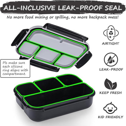 QQKO Bento Box for Kids Adults, School Toddler Lunch Box for Boys Girls, Lunch Box Containers with 4 Compartments, Sauce Container, Utensils, Food Picks and Muffin Cups for School, Black Gray