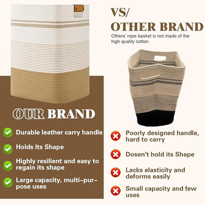 Laundry Hamper, 85L Tall Laundry Basket with Leather Handles, Rectangle Large Clothes Hamper for Organizing, Cotton Woven Laundry Baskets Storage Hampers for Bedroom, Nursery, Living Room