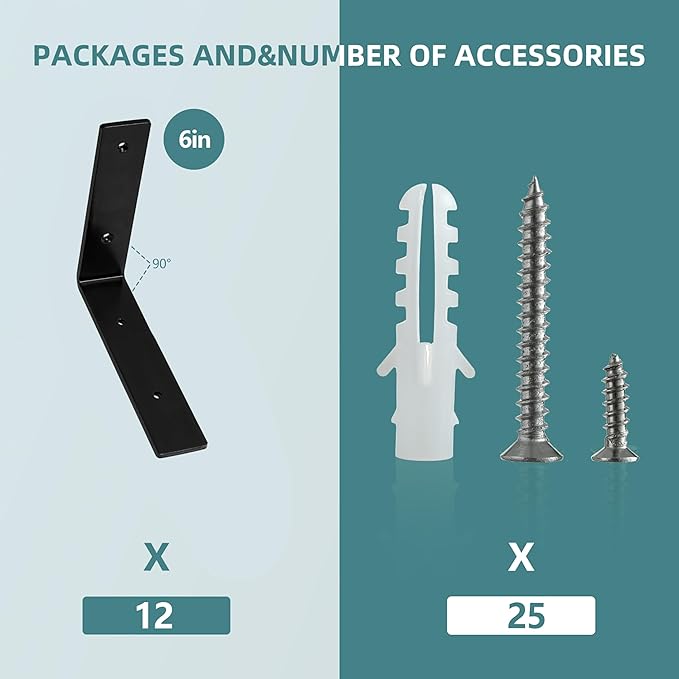 HEART ART 12 Pack Shelf Brackets 6 inch,L Brackets for Shelves,Black Heavy Duty Metal Shelf Brackets,6”x4”x1.4”
