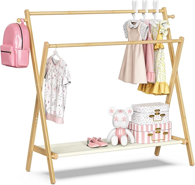 Kids Clothing Rack With Storage Shelf & Double Rods, Foldable Dress Up Clothes Rack for Toddler Nursery, Child's Room, 100% Natural Bamboo (Large Size)