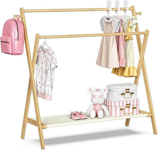 Kids Clothing Rack With Storage Shelf & Double Rods, Foldable Dress Up Clothes Rack for Toddler Nursery, Child's Room, 100% Natural Bamboo (Large Size)