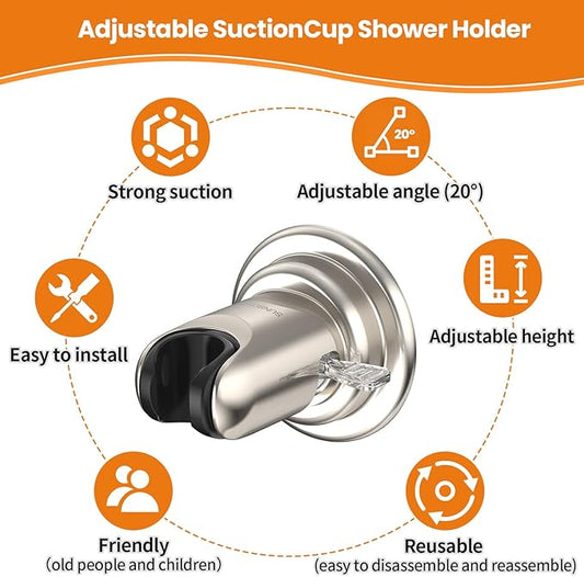 Strong Suction Cup Shower Head Holder - No Drill Handheld Shower Bracket for Seniors, Kids & Pets, Tool-Free Adjustable Height Bathing Aid for Tile/Glass, Rustproof ABS Construction
