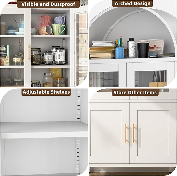 Metal Arched Pantry Cabinet with 2 Drawers,White Arched Kitchen Pantry Cabinet with Glass Door for Kitchen Home, Assemble Required,White,72.76"×30.83" W×16.10" D