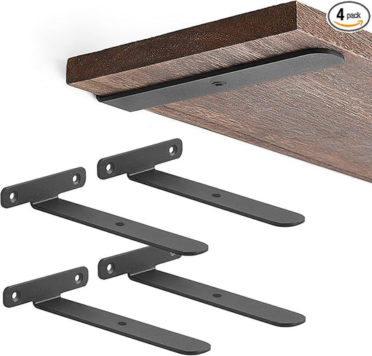 Mkono 4 Pack Shelf Brackets Black Heavy Duty Metal Hidden L Bracket for Shelves Support, Minimalistic Floating Shelf Bracket 6 Inch Rustic Industrial Wall Shelf Brackets