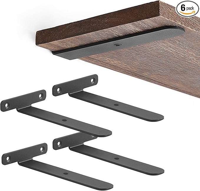 Mkono 6 Pack Shelf Brackets Black Heavy Duty Metal Hidden L Bracket for Shelves Support, Minimalistic Floating Shelf Bracket 6 Inch Rustic Industrial Wall Shelf Brackets