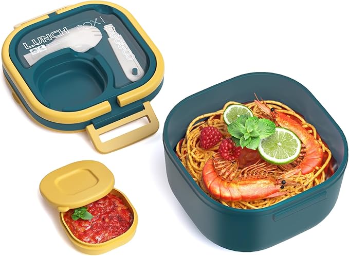 Bento Box for Adults & Kids – Single Compartment Lunch Box,Food Container,BPA-Free,Microwave & Dishwasher Safe with Removable Divider,Utensils & Sauce Jar-Blue