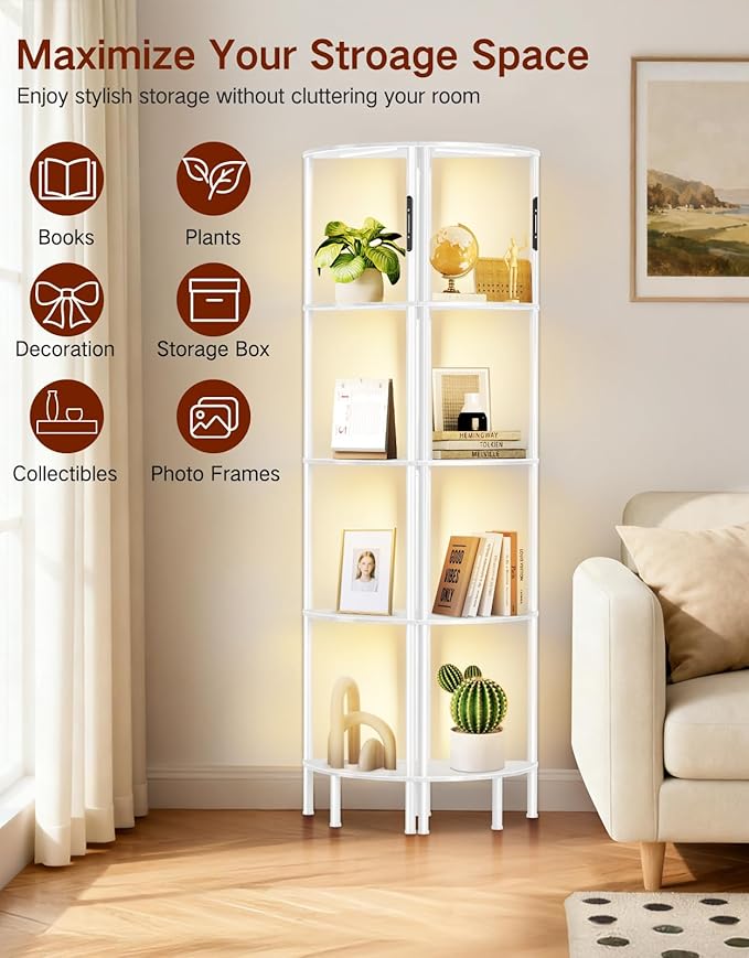 5-Tier Corner Bookshelf with LED Lights, Touch & Remote Control, 3 Color Temperatures, Dimmable Narrow Display Shelf with 1-Hour Timer for Living Room, Bedroom, Office (White)