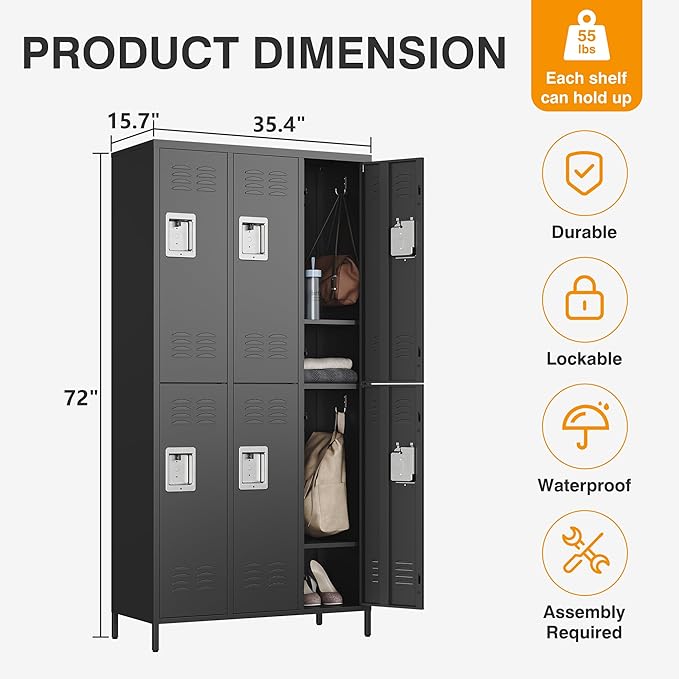 Letaya Metal Lockers for Employees-6 Door Storage Locker with Shelves and Lockable Steel Cabinet for School,Gym,Office,Staff(Black, 6 Door)
