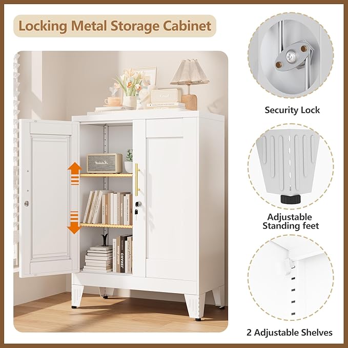 36" White Floor Storage Cabinet, Locked Metal Storage Cabinets with 2 Doors and 2 Adjustable Shelves, Sideboard Buffet Cabient, Freestanding Cabinet for Home/Office/Garage/Tool Room/Bathroom