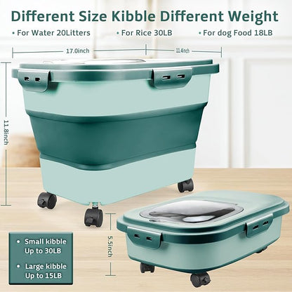 Rice Storage Containers, Collapsible 20 to 30Lbs Food Storage Bin Dispenser with Rolling Wheel and Clear Airtight Lid, BPA Free Flour, Sugar, Cereal and Dog Cat Pet food Containers