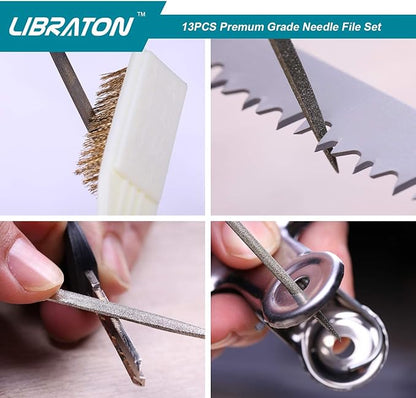 LIBRATON Small File Set, Needle Diamond Files 13PCS, 6pcs Jewlers & 6 Steel for Precision Metal Work, Wood, Woodworking, Plastic Carving Tool with Brush and Carry Case