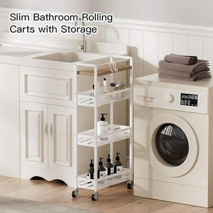 DGSNADGO Slim Rolling Storage Cart, 4-Tier Kitchen Cart on Wheels, Narrow Utility Cart with Handle and Wooden Tabletop for Small Space in Kitchen, Living Room, Bathroom, Laundry Room, Beige and White