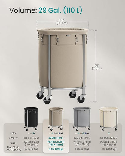 SONGMICS 29-Gallon (110 L) Laundry Basket with Wheels, Rolling Round Heavy-Duty Laundry Hamper Cart with Steel Frame and Removable Bag, 2 Locking Wheels, Camel Brown and Metallic Silver URLS002N01