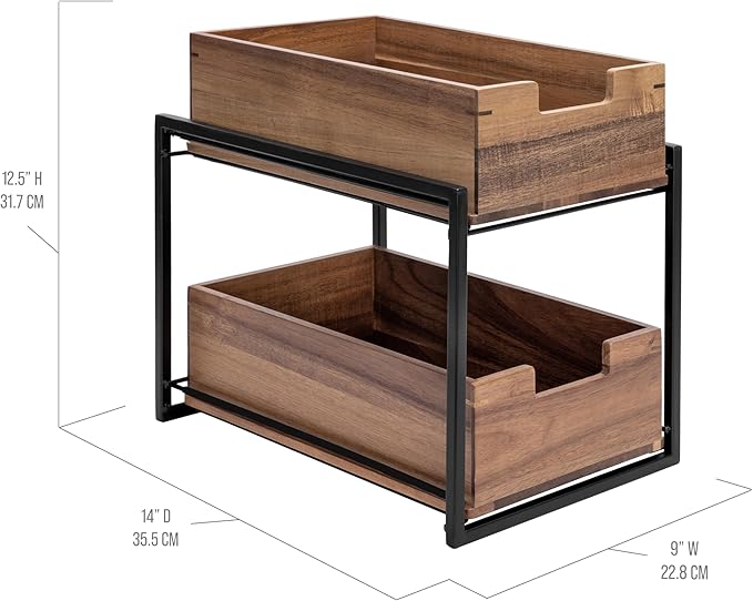 Seville Classics Acacia Wood Premium Organizer Storage Bins for Kitchen Silverware, Pantry, Closet, Office Desk, Pens, Utensils, Makeup, K Cup, Acacia, 2-Tier Bin Set, Black