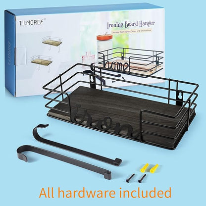 TJ.MOREE Ironing Board Hanger Wall Mount - Laundry Room Iron and Ironing Board Holder, Metal Wall Mount with Large Storage Black Wooden Base Basket and Removable Hook(Black)