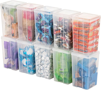 IRIS USA Vertical Plastic Flip Top Storage Containers Bins with Lids for Pantry, Home, Office, Organization, Medium, Stackable Hinged Organizer with Latches, Clear, 10 Pack