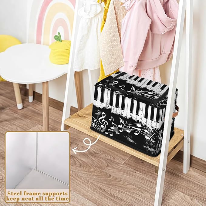 Music Note Ballet Storage Bins with Zipper Lid, Collapsible Fabric Storage Basket with Leather Handles Closet Shelf Cloth Organizer Basket for Nursery Bedroom Clothes Toy