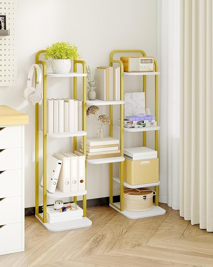 6 Tiers Vertical Shoe Rack, Narrow Shoe Tower, Tall Shoes Shelf with 2 Hooks, Adjustable Shelves, Corner Shoes Shelves for Small Spaces, Entryway, Living Room, White Gold SR04213A