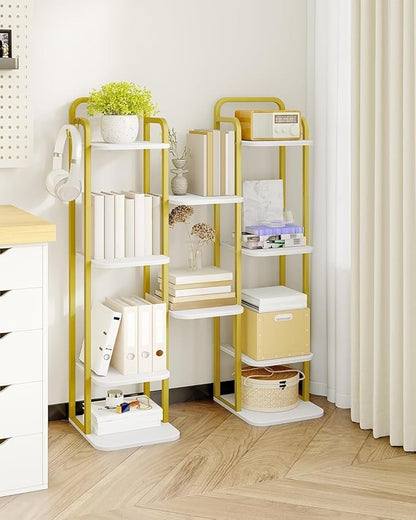 6 Tiers Vertical Shoe Rack, Narrow Shoe Tower, Tall Shoes Shelf with 2 Hooks, Adjustable Shelves, Corner Shoes Shelves for Small Spaces, Entryway, Living Room, White Gold SR04213A