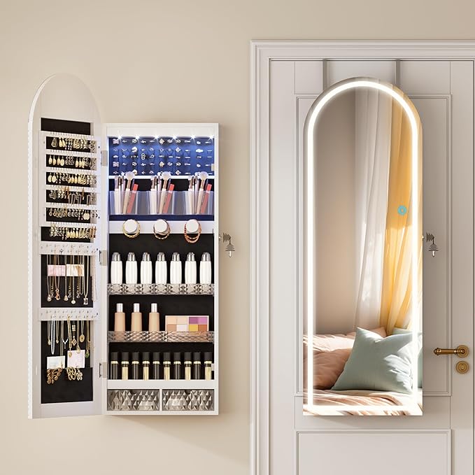 LVSOMT Wall Mounted Jewelry Organizer Lockable, 43"x16" Door Hanging Arched Mirror with Lights and Jewelry Storage, 6 LEDs Jewelry Cabinet (White)