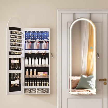 LVSOMT Wall Mounted Jewelry Organizer Lockable, 43"x16" Door Hanging Arched Mirror with Lights and Jewelry Storage, 6 LEDs Jewelry Cabinet (White)