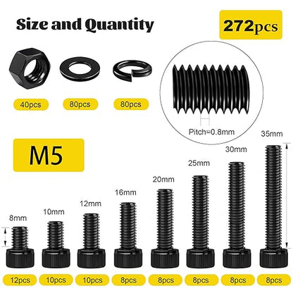 272PCS M5 Screws, Nuts and Washers Assortment kit, M5x8/10/12/16/20/25/30/35 mm Hex Socket Head Cap Bolts Assorted Set - 12.9 Alloy Steel, Black Zinc Plated Anti-Rust