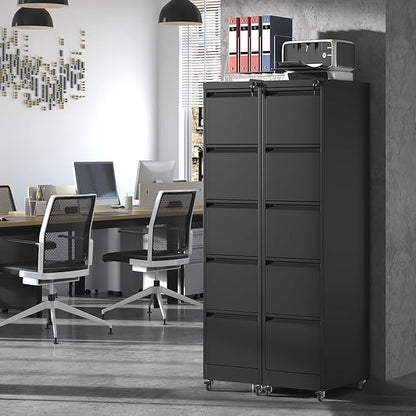 5 Drawer File Cabinet with Wheels,Metal Mobile Filing Cabinets with Lock,Black Vertical File Cabinet for Home Office,Heavy Duty Storage Cabinet for A4/Letter/Legal Size File,Assembly Required