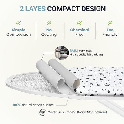 Ironing Board Cover and Pad 15"x54" Extra Thick Natural Cotton, Scorch and Stain Resistant Padding, Standard Size Iron Board Cover with Fasteners Heavy Duty Elastic Edge, Heatproof Nightfall