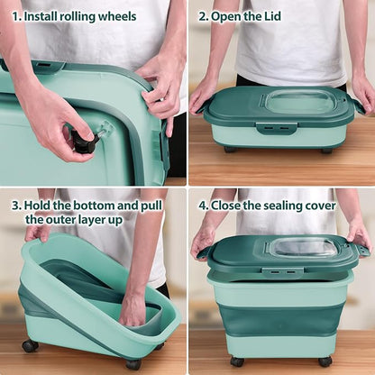 Dog Food Storage Container, 10-20Lbs Collapsible Pet Food Storage Containers with Rolling Wheel Airtight Locking Lid, Dry Food Storage Bin with Cup and Scoop,Suitable for Pet Food, Flour, Rice