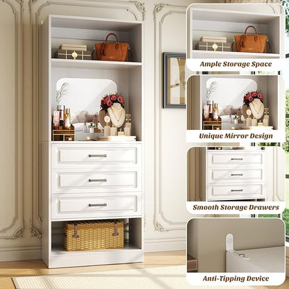 Unikito 25”Freestanding Closet System with 3 Drawers, Closets Organizer Wardrobe with Storage Shelves and Mirror, Sturdy Wood Walk-in Closet Systems for Small Closets, 25" W x 16" D x 80" H, White