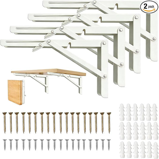 Folding Shelf Brackets 14 Inch, 4 Pcs Heavy Duty Shelf Brackets, Collapsible Metal Brackets 8 10 12 14 16 18 20 Inch for Foldable Shelf,Wall Mounted Folding Brackets White
