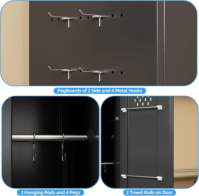 Broom Closet Storage Cabinet, 72" H Garage Storage Cabinet with Wheels, Lockable Door and Hooks for Garage Cleaning Supplies Broom Mops, Black, Assembly Required
