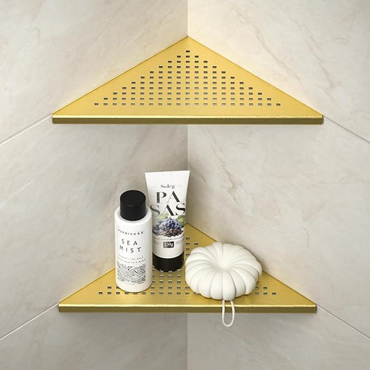 Corner Shower Shelves 10", Brushed Gold 304 Stainless Steel Recessed Bathroom Shelf, Grout in Shelf Rack for Tiled Wall, 2 Pack