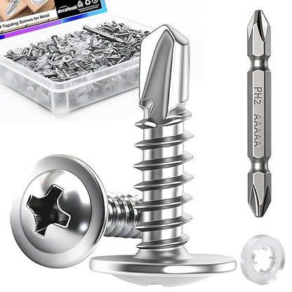 mxuteuk 480PCS #8×5/8" Self Tapping Screws,Self Drilling Screws for Metal,410 Stainless Steel Phillips Modified Truss Head Self Tapping Screw for Metal,Plastic,Wood(240pcs Silver Screw+240pcs Washer)