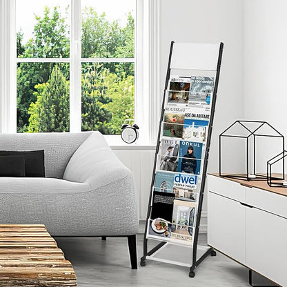 Floor Standing Magazine Holder with 5 Pockets, Journals, Brochure & Literature Display Holder for Trade Shows, Exhibitions, Office, and Shopping Malls, Black