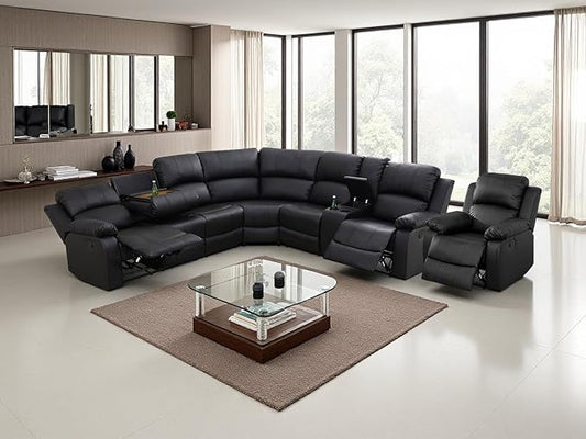 Living Room Furniture Sets, Leather Sectional Recliner Sofa Set with Drop-down Table,4 Piece Black Maunal Reclining Sectional Sofa Couches and Chair with Cup Holders,Storage Console for Office