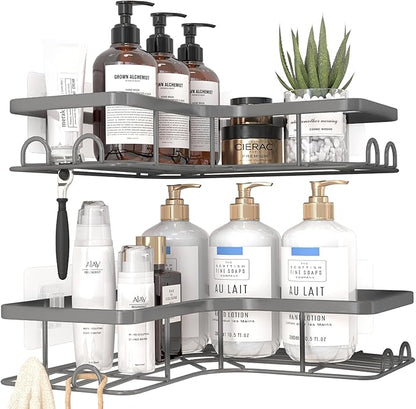 Corner Shower Caddy - 2 Pack, Adhesive Shower Organizers, Rustproof Stainless Steel Shower Shelves with 8 Hooks, No Drilling Bathroom Organizers and Storage Racks, Space-Saving, Grey, Large