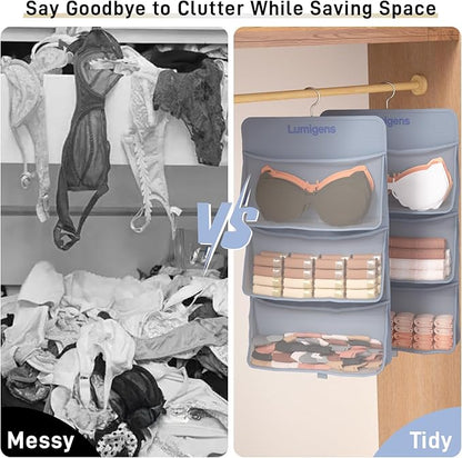 Sock & Underwear Storage Organizer, Hanging Closet Organizer with Pockets, Bra Organizer for Closet Storage with 360° Rotating Hook, Space Saving Hanging Storage for Closet, Bedroom, RV