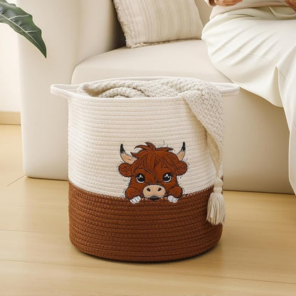 INough Large Blanket Baskets for Living Room, Highland Cow Storage Baskets for Toys Organizer Woven Cotton Rope Basket for Kids, Clothes Hamper with Embroidery Highland Cow Decor for Nursery Laundry
