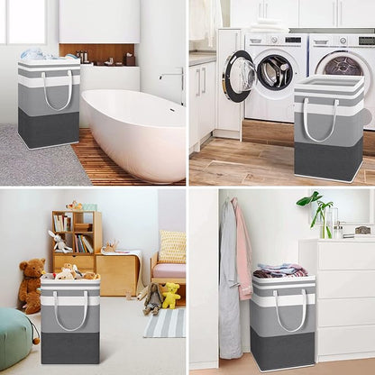 HomeHacks 2 Pack Large Laundry Baskets, Waterproof, Freestanding Laundry Hampers, Collapsible Clothes Hamper with Reinforced Handles in Laundry, College Dorm, Bathroom, Bedroom (Grey+Blue, 88Lx2)